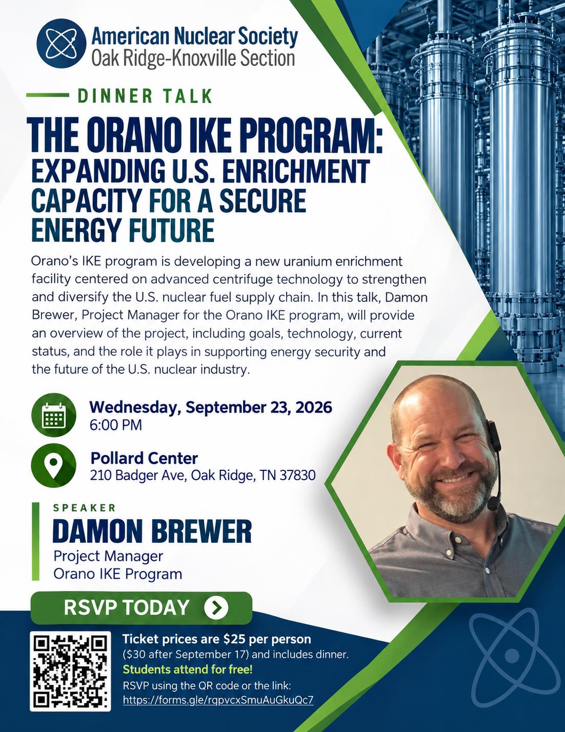 Flyer for the September 23, 2026 OR/K ANS dinner meeting with Damon Brewer